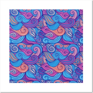 Whimsical Retro Purple and Blue Wave Pattern Posters and Art